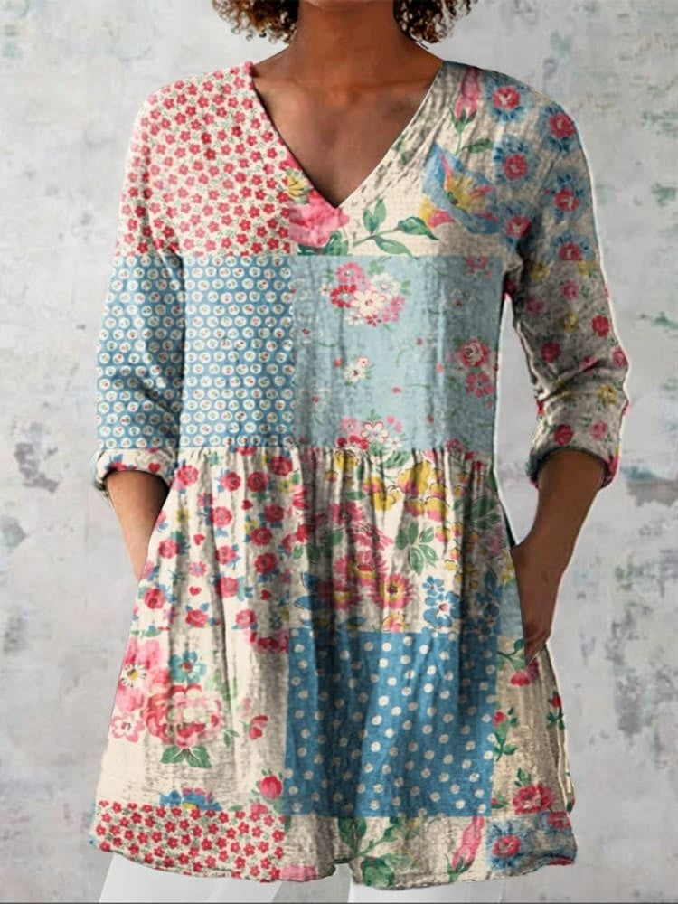 Emily | Blomster Patchwork V-Hals Skjorte