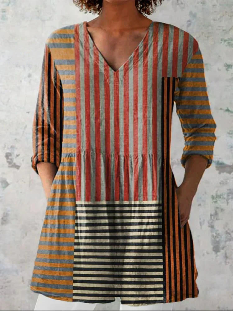 Avery | Stribet Patchwork V-Hals Skjorte