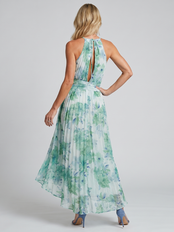 Portia | Plisseret Halter Maxi Kjole med Blødt Blomsterprint