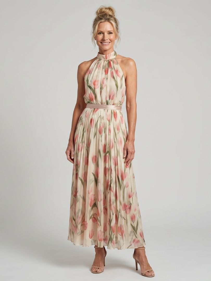 Aurelle | Halterneck Blomster Midi Kjole
